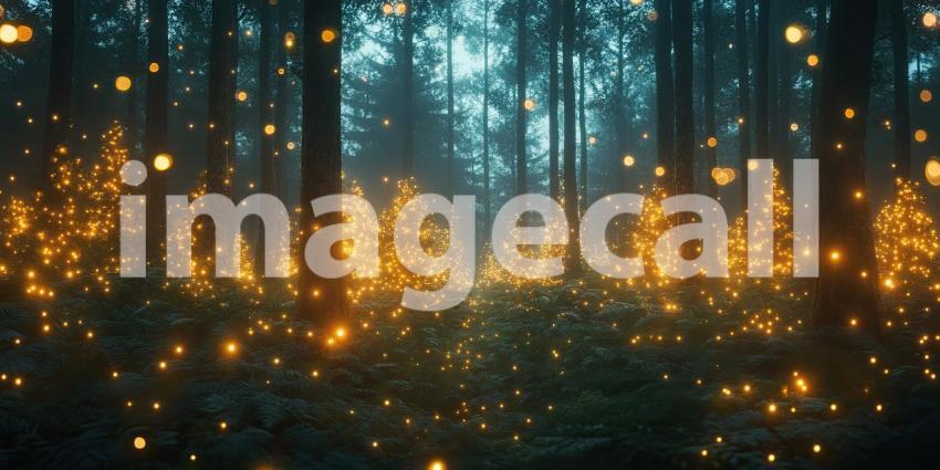 Enchanted Forest Pathway Illuminated with Warm Fairy Lights at Twilight