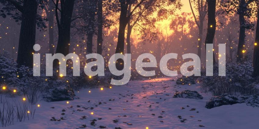 Winter Wonderland: A Magical Forest Path Illuminated by Twinkling Lights as the Sun Sets Behind the Trees