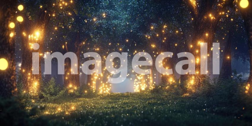 Enchanted Forest Pathway Illuminated with Warm Fairy Lights at Twilight