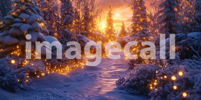 Winter Wonderland: A Magical Forest Path Illuminated by Twinkling Lights as the Sun Sets Behind the Trees
