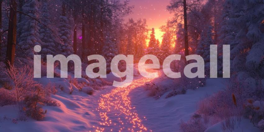 Winter Wonderland: A Magical Forest Path Illuminated by Twinkling Lights as the Sun Sets Behind the Trees