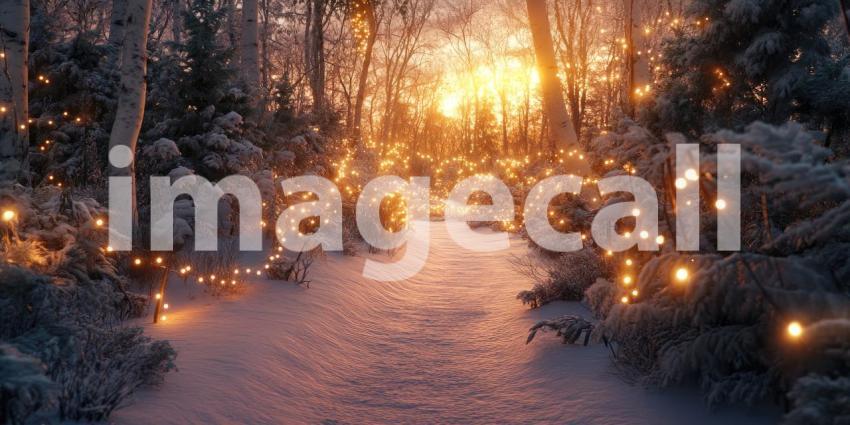 Winter Wonderland: A Magical Forest Path Illuminated by Twinkling Lights as the Sun Sets Behind the Trees