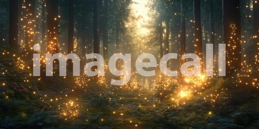 Enchanted Forest Pathway Illuminated with Warm Fairy Lights at Twilight