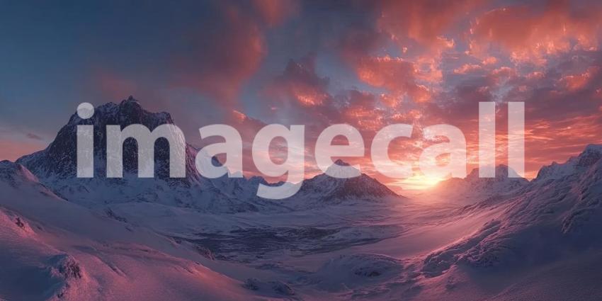 Serene Arctic Landscape Bathed in the Glow of a Vibrant Pink Sunset