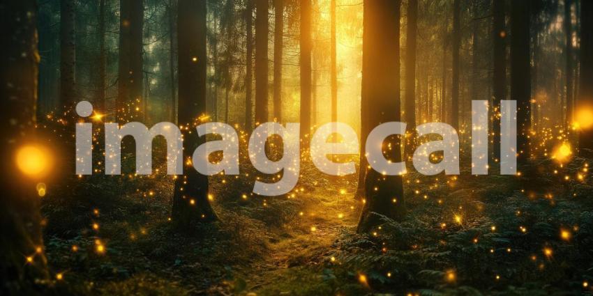 Enchanted Forest Pathway Illuminated with Warm Fairy Lights at Twilight