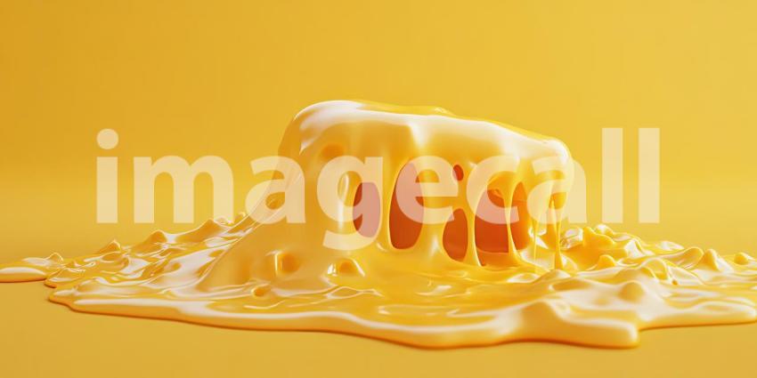 Close-up Macro of Golden Yellow Melted Cheese with Air Bubbles, Dripping and Flowing