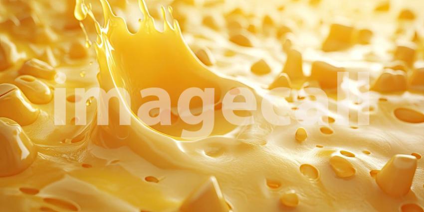 Close-up Macro of Golden Yellow Melted Cheese with Air Bubbles, Dripping and Flowing