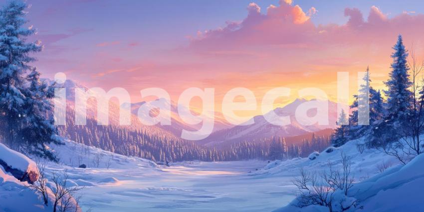 Serene Arctic Landscape Bathed in the Glow of a Vibrant Pink Sunset