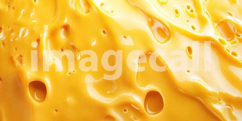 Close-up Macro of Golden Yellow Melted Cheese with Air Bubbles, Dripping and Flowing