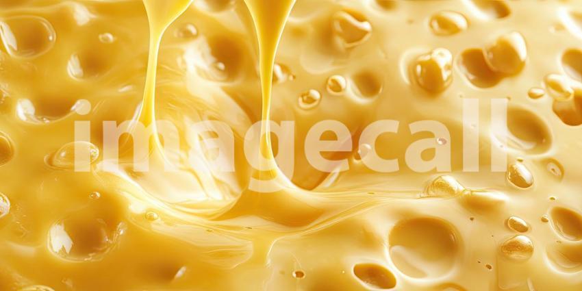 Close-up Macro of Golden Yellow Melted Cheese with Air Bubbles, Dripping and Flowing