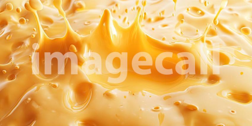 Close-up Macro of Golden Yellow Melted Cheese with Air Bubbles, Dripping and Flowing