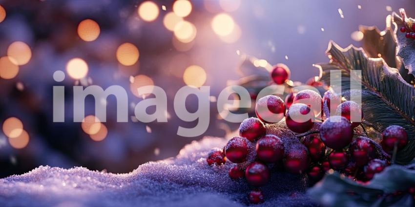 Festive Christmas Scene with a Snowy Forest Floor, Decorated with Gold Ornaments, Stars, and Pine Cones, Illuminated by Warm Lights