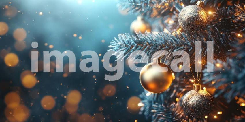 Festive Christmas Scene with a Snowy Forest Floor, Decorated with Gold Ornaments, Stars, and Pine Cones, Illuminated by Warm Lights
