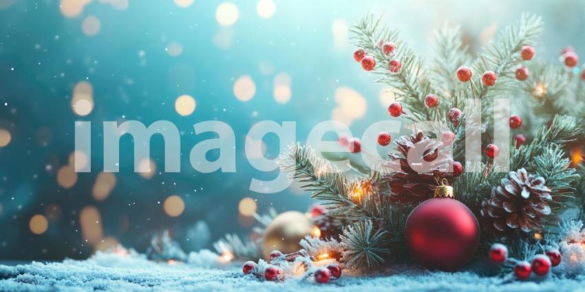 Festive Christmas Scene with a Snowy Forest Floor, Decorated with Gold Ornaments, Stars, and Pine Cones, Illuminated by Warm Lights