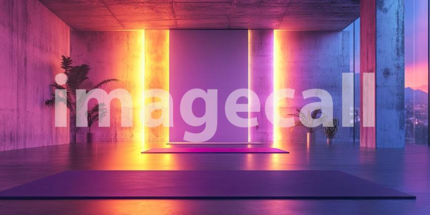 Minimalist Yoga Studio with Vibrant Neon Lights and Concrete Walls, Featuring Two Yoga Mats and Potted Plants