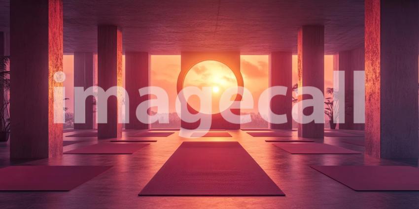 Minimalist Yoga Studio with Vibrant Neon Lights and Concrete Walls, Featuring Two Yoga Mats and Potted Plants