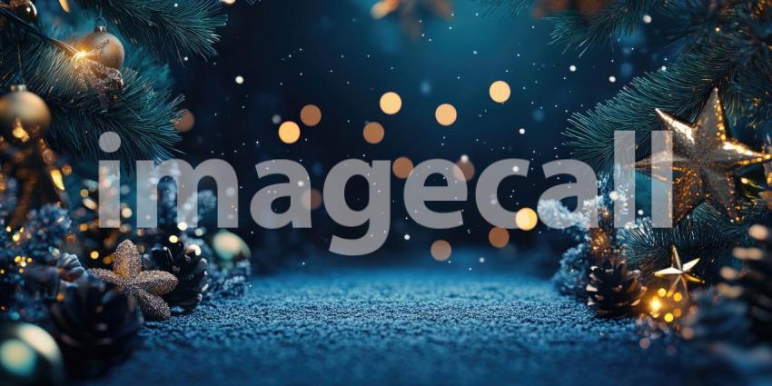 Festive Christmas Scene with a Snowy Forest Floor, Decorated with Gold Ornaments, Stars, and Pine Cones, Illuminated by Warm Lights