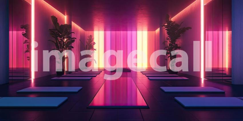 Minimalist Yoga Studio with Vibrant Neon Lights and Concrete Walls, Featuring Two Yoga Mats and Potted Plants