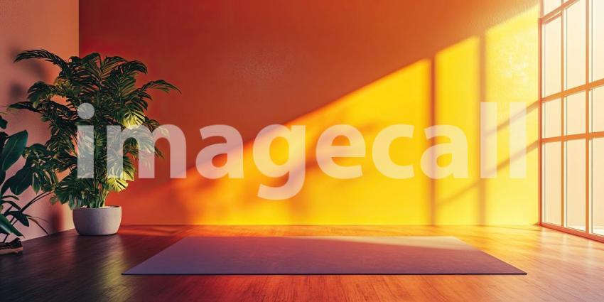 Minimalist Yoga Studio with Vibrant Neon Lights and Concrete Walls, Featuring Two Yoga Mats and Potted Plants