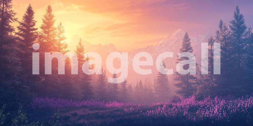 Serene Mountain Landscape at Sunset with a Field of Purple Flowers and a Misty Forest Silhouette