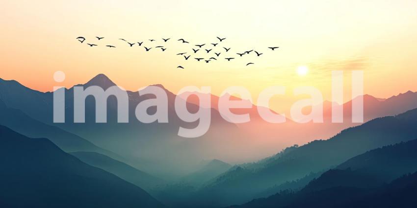 Birds Flying in a V-Formation Against a Vibrant Pink and Orange Sunset Over a Mountain Range