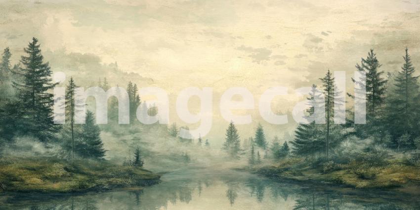 Serene Mountain Landscape at Sunset with a Field of Purple Flowers and a Misty Forest Silhouette