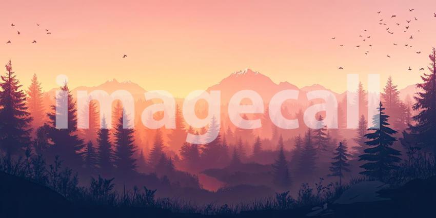 Serene Mountain Landscape at Sunset with a Field of Purple Flowers and a Misty Forest Silhouette