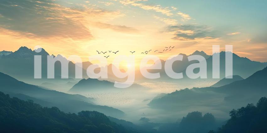 Birds Flying in a V-Formation Against a Vibrant Pink and Orange Sunset Over a Mountain Range