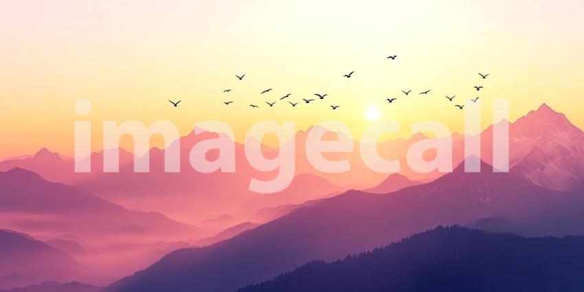 Birds Flying in a V-Formation Against a Vibrant Pink and Orange Sunset Over a Mountain Range