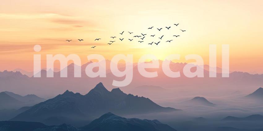 Birds Flying in a V-Formation Against a Vibrant Pink and Orange Sunset Over a Mountain Range
