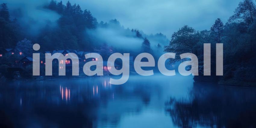 Eerie Twilight Descends on a Picturesque Riverfront Village Nestled Among Foggy Mountains