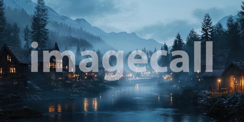 Eerie Twilight Descends on a Picturesque Riverfront Village Nestled Among Foggy Mountains