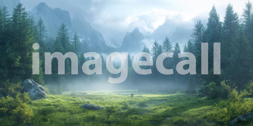 Serene Mountain Landscape at Sunset with a Field of Purple Flowers and a Misty Forest Silhouette