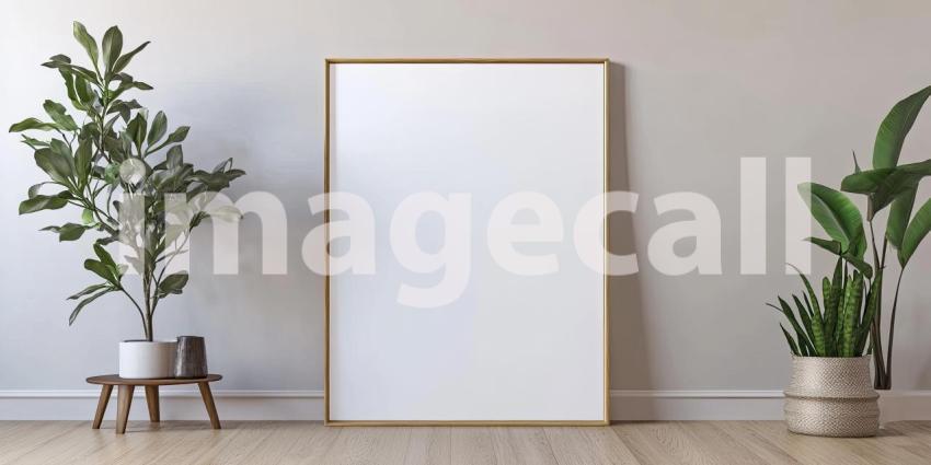 Minimalist Interior Design with a Large Empty Picture Frame, Two Potted Plants, and a Wooden Side Table
