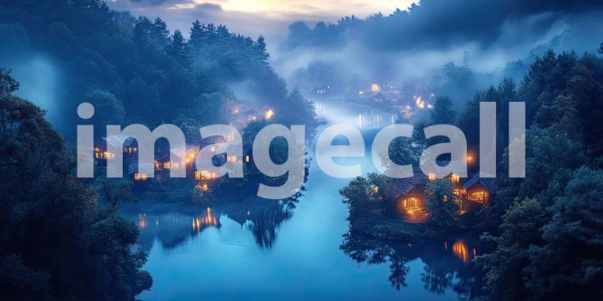 Eerie Twilight Descends on a Picturesque Riverfront Village Nestled Among Foggy Mountains