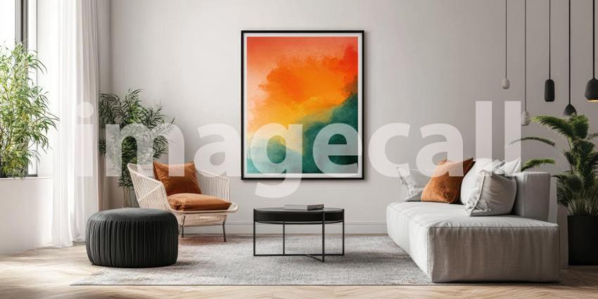 Minimalist Interior Design with a Large Empty Picture Frame, Two Potted Plants, and a Wooden Side Table