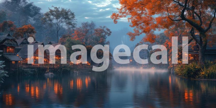 Eerie Twilight Descends on a Picturesque Riverfront Village Nestled Among Foggy Mountains