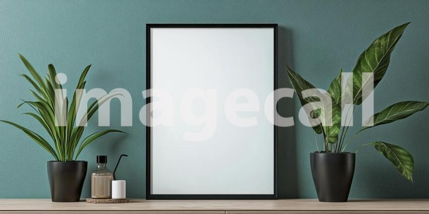 Minimalist Interior Design with a Large Empty Picture Frame, Two Potted Plants, and a Wooden Side Table