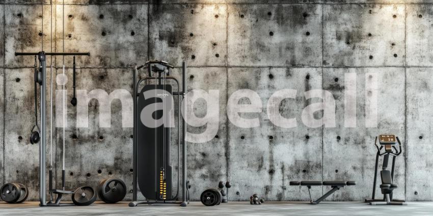 Industrial-Style Home Gym with Concrete Walls and Modern Fitness Equipment