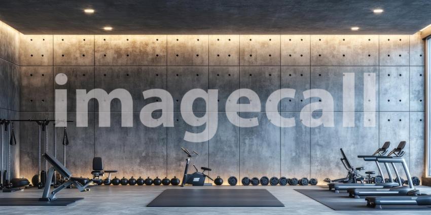 Industrial-Style Home Gym with Concrete Walls and Modern Fitness Equipment