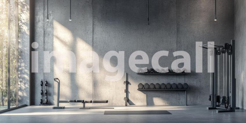 Industrial-Style Home Gym with Concrete Walls and Modern Fitness Equipment