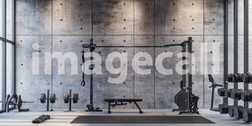 Industrial-Style Home Gym with Concrete Walls and Modern Fitness Equipment