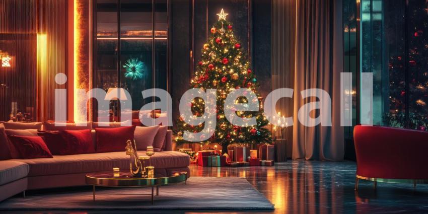 Luxurious Living Room Decorated for Christmas with a Grandly Adorned Christmas Tree, Plush Seating, and Festive Lighting