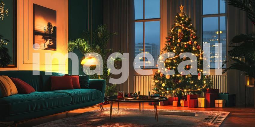 Luxurious Living Room Decorated for Christmas with a Grandly Adorned Christmas Tree, Plush Seating, and Festive Lighting