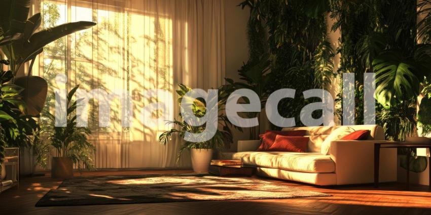 Opulent Living Room Interior with a Modern Christmas Tree, a Marble Wall Feature, and a Plush Red Sectional Sofa