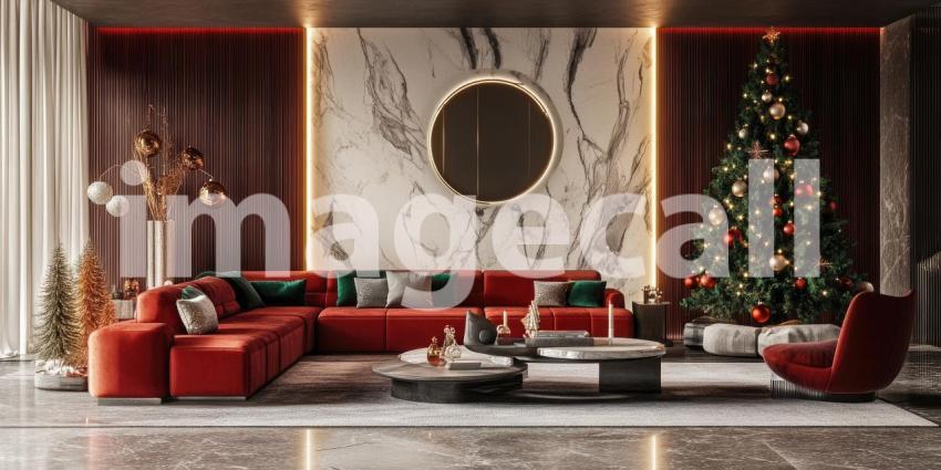 Opulent Living Room Interior with a Modern Christmas Tree, a Marble Wall Feature, and a Plush Red Sectional Sofa