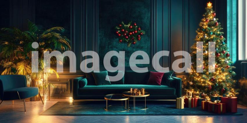 Luxurious Living Room Decorated for Christmas with a Grandly Adorned Christmas Tree, Plush Seating, and Festive Lighting