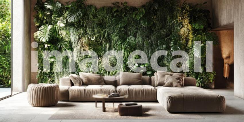 Opulent Living Room Interior with a Modern Christmas Tree, a Marble Wall Feature, and a Plush Red Sectional Sofa