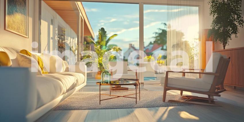 Opulent Living Room Interior with a Modern Christmas Tree, a Marble Wall Feature, and a Plush Red Sectional Sofa