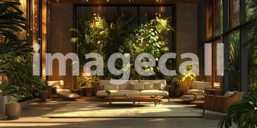 Opulent Living Room Interior with a Modern Christmas Tree, a Marble Wall Feature, and a Plush Red Sectional Sofa